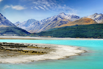 Turquoise lake in mountains panorama