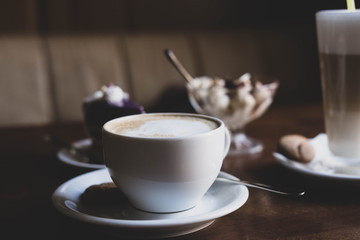 Cup of coffee. Morning coffee in a cafe. Photos for blog, magazine, article.