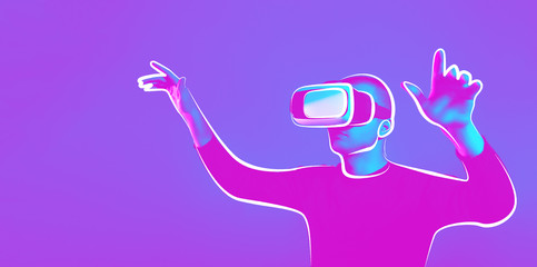 VR-Future technology. Neon. European man's in VR-glasses in neon on gradient background. Male portrait. Concept of human emotions, facial expression, modern gadgets and technologies.Copy Space