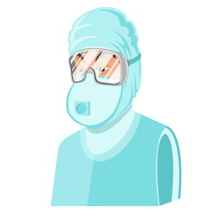 Chinese doctor or scientist man clothed in chemical or virus protection suit and special glasses