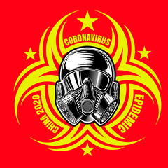 Coronavirus. Gas mask in center of yellow symbol biological hazard on red background