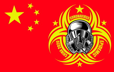 Coronavirus. Gas mask in center of yellow symbol biological hazard on red china flag