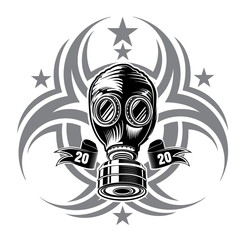 Coronavirus. Vintage gas mask in center of symbol biological hazard