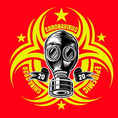 Coronavirus. Vintage gas mask in center of yellow symbol biological hazard on red background
