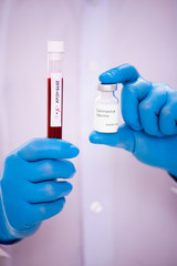 Close-up of test tube with a blood test and a coronavirus vaccine in hands of doctor. Concept of...