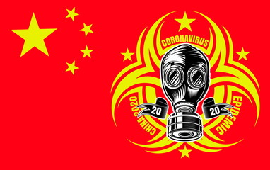 Coronavirus. Vintage gas mask in center of yellow symbol biological hazard on red china flag