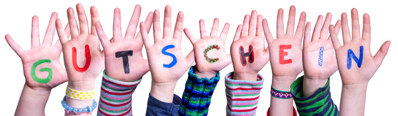 Children Hands Building Colorful German Word Gutschein Means Voucher. White Isolated Background