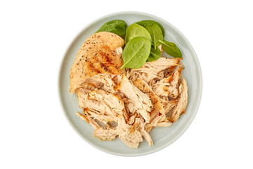 Plate with pulled chicken breast on white