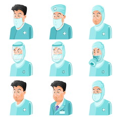 Set of chinese doctors or scientists clothed in different chemical or virus protection suit, masks and gas masks