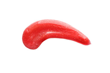Bright rouge lip gloss smear. Liquid texture of fashionable bright red sample of lipstick isolated...