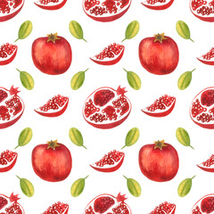watercolor pattern with hand painted pomegranates and greenleaves