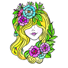 Doodle print girl's face with hair and flowers