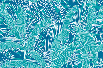 Tropical leaves pattern. Seamless texture with banana leaves and palm tree leaf.  .Banner for the travel and tourism industry, summer season. Blue floral design element, print for fabrics.