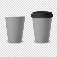 Vector 3d Realistic Gray Disposable Opened and Closed with Black Lid Paper, Plastic Coffee Cup for Drinks Icon Set Closeup Isolated on Transparent Background. Design Template, Mockup. Front View