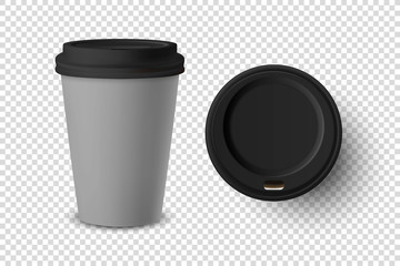 Vector 3d Realistic Gray Disposable Closed and Opened Paper, Plastic Coffee Cup for Drinks with Black Lid Set Closeup Isolated on Transparent Background. Design Template, Mockup. Top and Front View