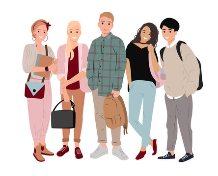 Group happy students with books, backpacks and bags on isolated background. Smiling school friends or students, teenage boys and girls, stand upright in flat style. Colorful vector illustration.