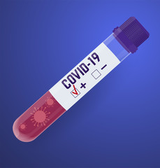 Coronavirus express test vacuum test tube vector. Isolated laboratory glass flask with blood.  Ncov-19 pandemia 