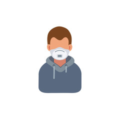 avatar of guy in medical mask with glasses at computer in jacket with hood, flat icon of manager and seller at work virus and epidemic protection, programmer and designer remote work, freelance eps 10