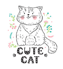 T-shirt print Scandinavian design for kids with hand drawn doodle Kitten. Cat with Flowers and 