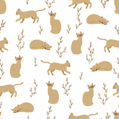 Obraz premium Hand drawn vector illustration. Seamless pattern with cute cats. Kittens lie and sit, delicate colors . For textiles and decor.