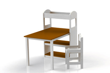 Furniture for children. Table with whatnot. Highchair. 3D render.