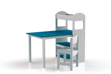 Furniture for children. Table with whatnot. Highchair. 3D render.