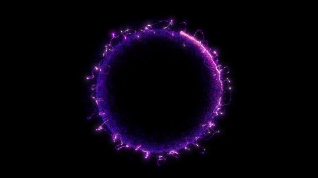 Seamless loop. Animation of a round violet portal consisting of particles and bursts of energy isolated on black background with alpha luma matte VFX CG 4k.