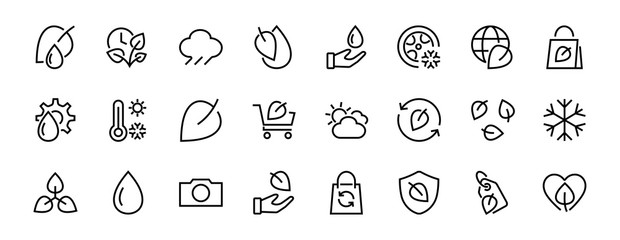 Ecology Icon Set, Vector lines, contains icons such as photosynthesis, Enviroment protection, Eco-friendly package, growth time, Editable stroke, perfect 48x48 pixels, White background