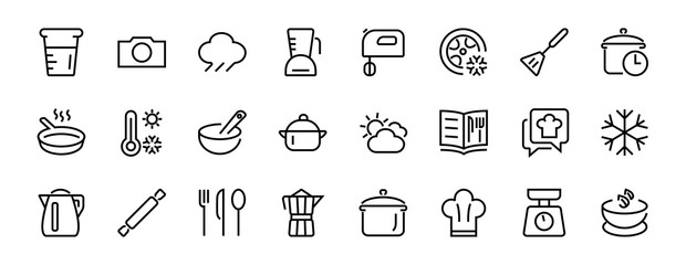 Set of icons for cooking and kitchen, vector lines, contains icons such as a knife, saucepan, boiling time, mixer, scales, recipe book. Editable stroke, perfect 480x480 pixels, white background - obrazy, fototapety, plakaty