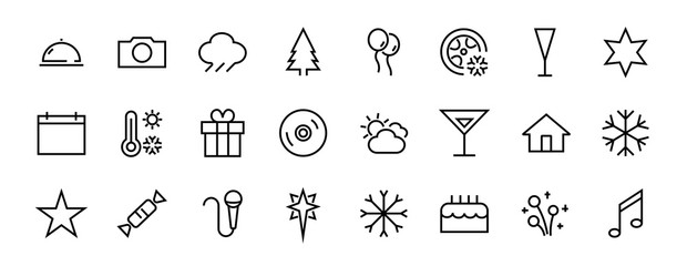 Simple set of celebration icons related to vector line. Contains icons such as music, new year, stars, balls, cake, karaoke, dj and much more. Editable stroke. 480x480