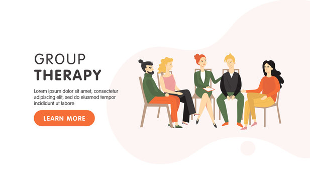 Group therapy session landing page. Men and women sitting on chairs and talking to psychotherapist or psychologist. Vector illustration in modern flat style. Vector image cartoon Illustration