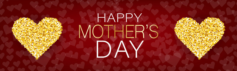 Mothers Day banner, website or newsletter header. Golden glitter hearts on red background. Vector illustration.