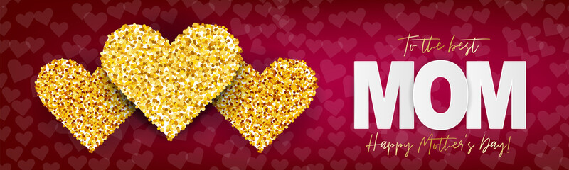 Mothers Day banner, website or newsletter header. To the best mom. Golden glitter hearts on red background. Vector illustration.