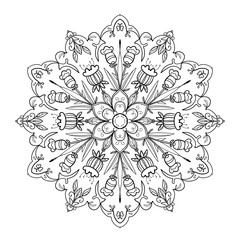 Mandala coloring page. Illustration of a mandala with floral patterns in black line on a white background in cartoon style. Coloring book 