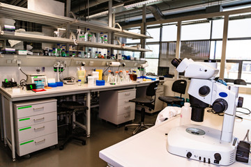 Equipment in empty laboratory prepared for work