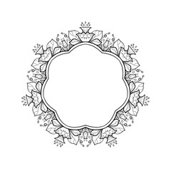 Round frame template. Coloring mandala with a black line on a white background with beautiful decorative flowers, stamens and leaves. Illustration for coloring with a place for an inscription.