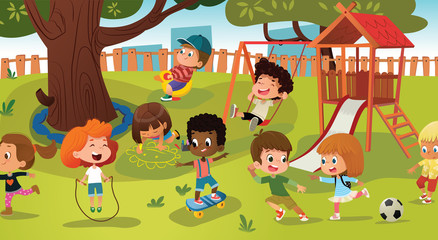 Obraz na płótnie Canvas Group of kids playing game on a public park or school playground with with swings, slides, skate, ball, crayons, rope, playing catch-up game. Happy childhood. Modern illustration. Clipart