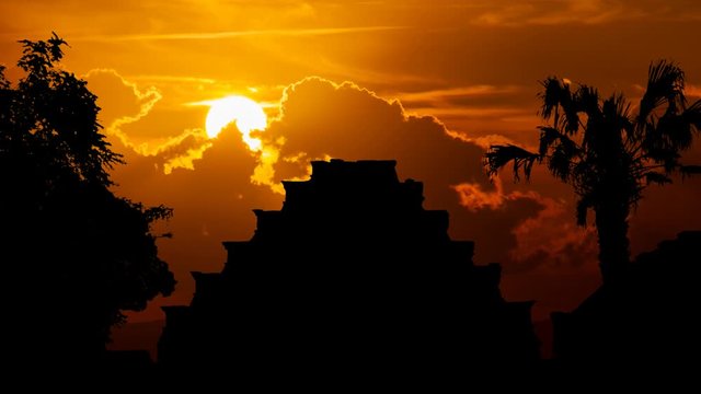 Pyramid of the Niches or De Los Nidos in Tajn,Time Lapse at Sunset with Red Clouds and Fiery Sky, Veracruz, Mexico