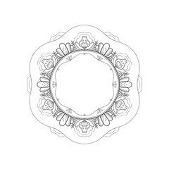 Round frame template. Coloring book mandala with a black line with beautiful decorative flowers, stamens, leaves on a white background in cartoon style. Illustration for coloring 