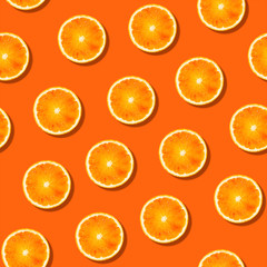Seamless orange fruit pattern on orange background. Colorful fresh citrus slice wallpaper. Creative color, summer friuts concept. Minimal style.