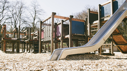 Abandoned Children Playground in quarantine - nobody playing outside, stricktly forbidden - smooth...