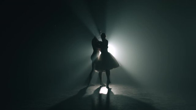 Professional ballet couple dancing in spotlights smoke on big stage.