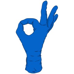 Vector illustration of a flat design. Hand gesture in medical gloves.