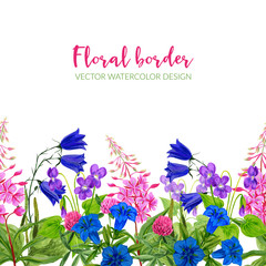 Watercolor seamless border, pink and blue flowers