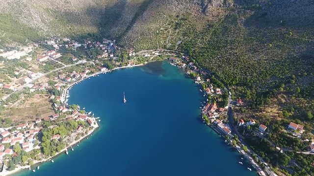 Aerial panoramic view over Stikovica Zaton Dubrovnik and Adriatic sea coastline in Croatia