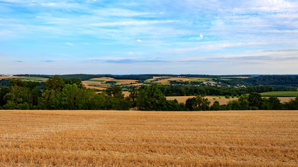 Fototapeta na wymiar rural landscape with harvested wheat field and blue sky in Möckmühl, Germany
