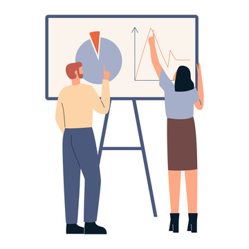 Two People Near White Board. Man And Woman Discussing Project. View From Behind. Co Working And Business Partnership Concept. Business Problem Solving Concept. Flat Vector Illustration