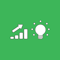 Vector icon concept of sales bar chart with arrow pointing up and glowing light bulb symbolizes good idea.