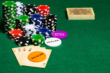 Large copy writing space with Betting chips, 4 aces, dealer, big and little blind chips and a very...