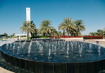 Sheikh Zayed Mosque fountain surrounded with green palms at sunny day at Abu Dhabi